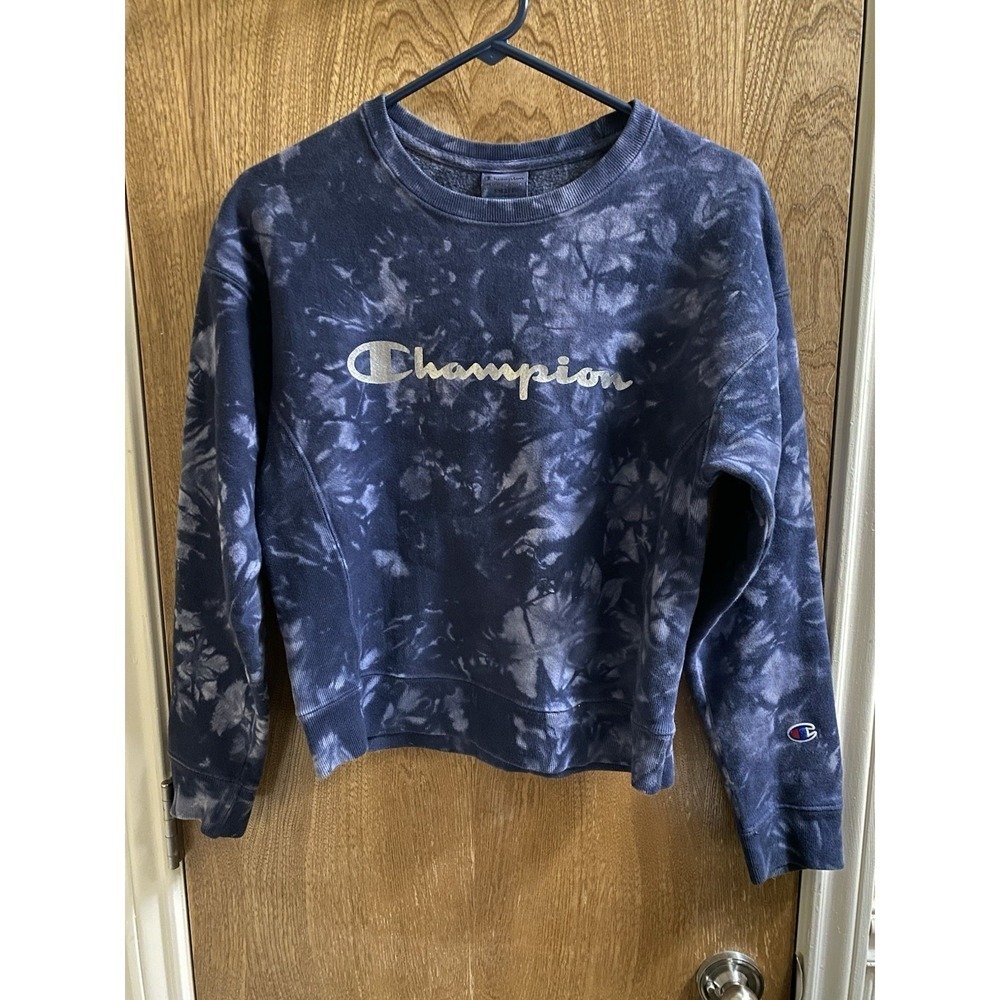 Champion Reverse Weave Blue Acid Tie Dye Hoodie Heavy Silver Foil Womens Small